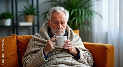 Elderly man wrapped in plaid blanket sits on sofa in unheated apartment. Shivering, drinking hot tea. Look suggests discomfort, illness. Winter, cold weather, financial problems affect well-being. photo