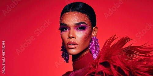 Drag queen wearing sparkling purple eyeshadow and feather boa posing on red background photo