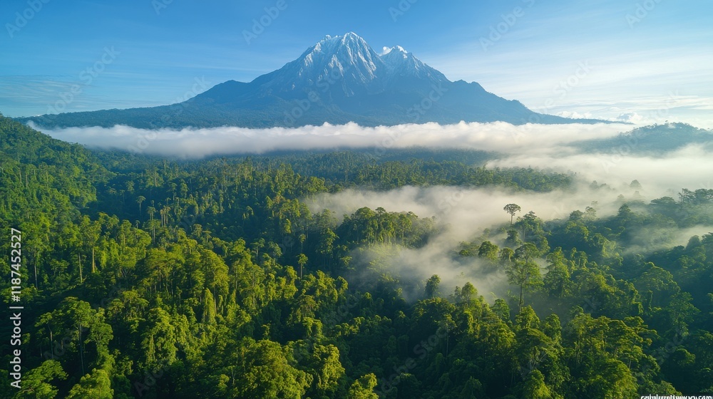 scenery of mount kinabalu forest with low clouds on the morning from aerial scene scenery of mount kinabalu forest with low clouds on the morning from aerial scene