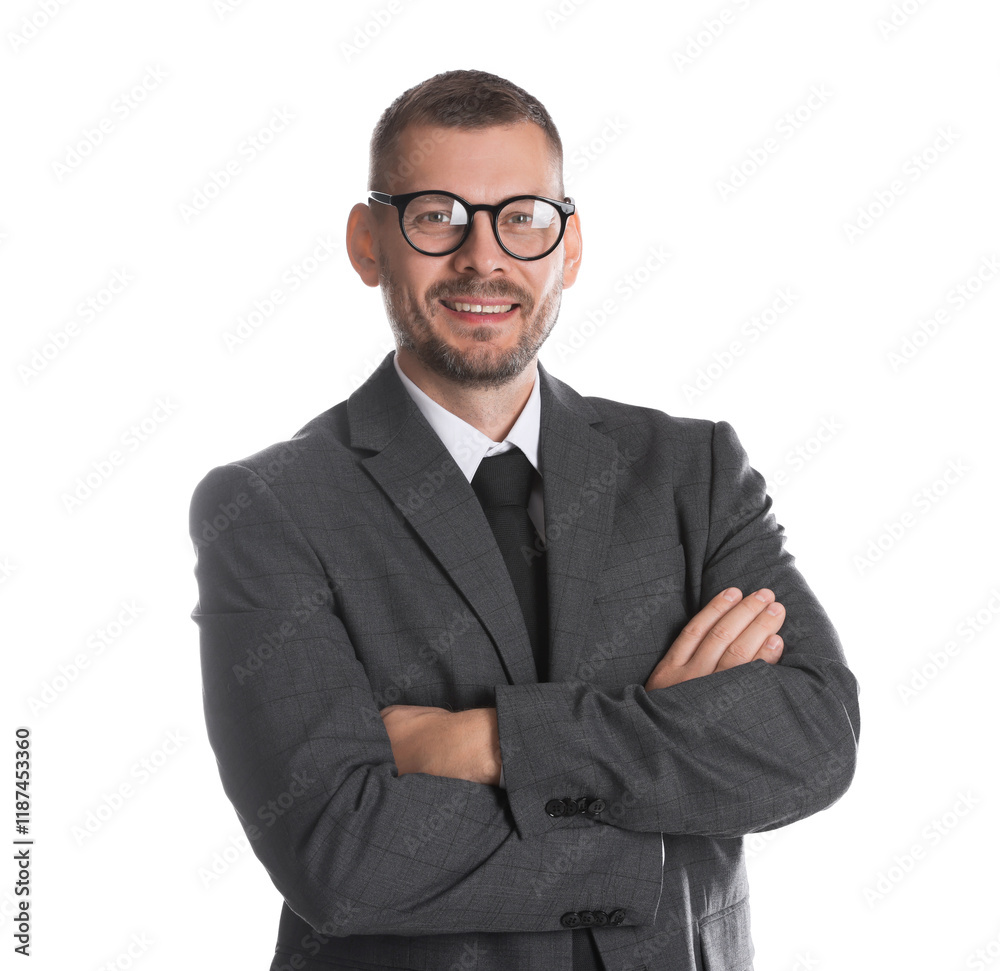 Portrait of banker in glasses with crossed arms on white background Portrait of banker in glasses with crossed arms on white background