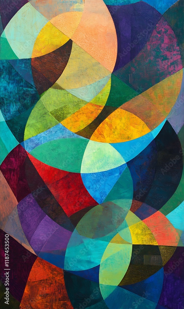 Fototapeta premium Glowing green and blue overlapping circles with diagonal lines in contrasting warm tones.