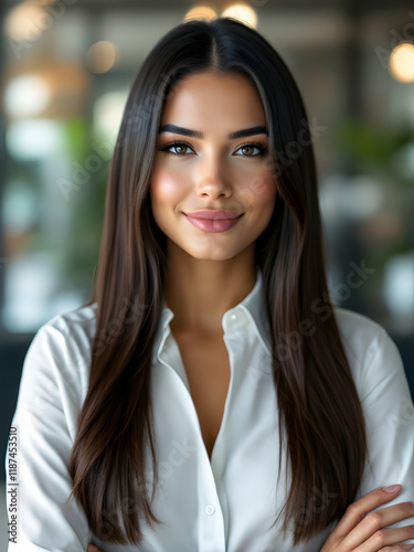 Free Download Smiling latina entrepreneur, empowered, office shirt, confident, happy, successful, businesswoman. - GFXLoad