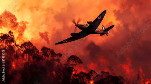 Red airplane flying cloudy sky ancient battlefield spitfire fly hallucinatory embers adrift air against background ironbark warm saturated gem. Ironbark. Illustration photo