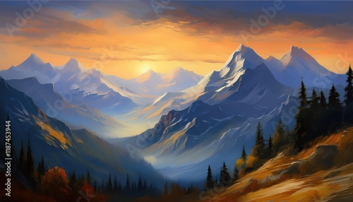 Stirring Mountain Landscape Illuminated by a Soft Dawns Glow, Majestic Peaks Shimmering with the Warmth of the Rising Sun Over a Serene Morning Mist.