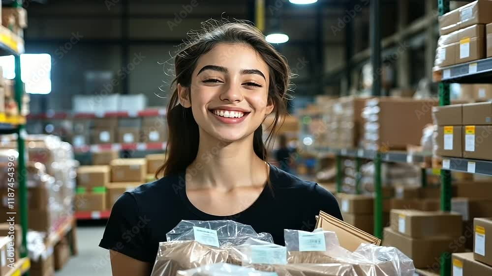 A young woman smiles while carefully packing bags with essential groceries, surrounded by the hustle and bustle of a food bank warehouse ready for distribution.