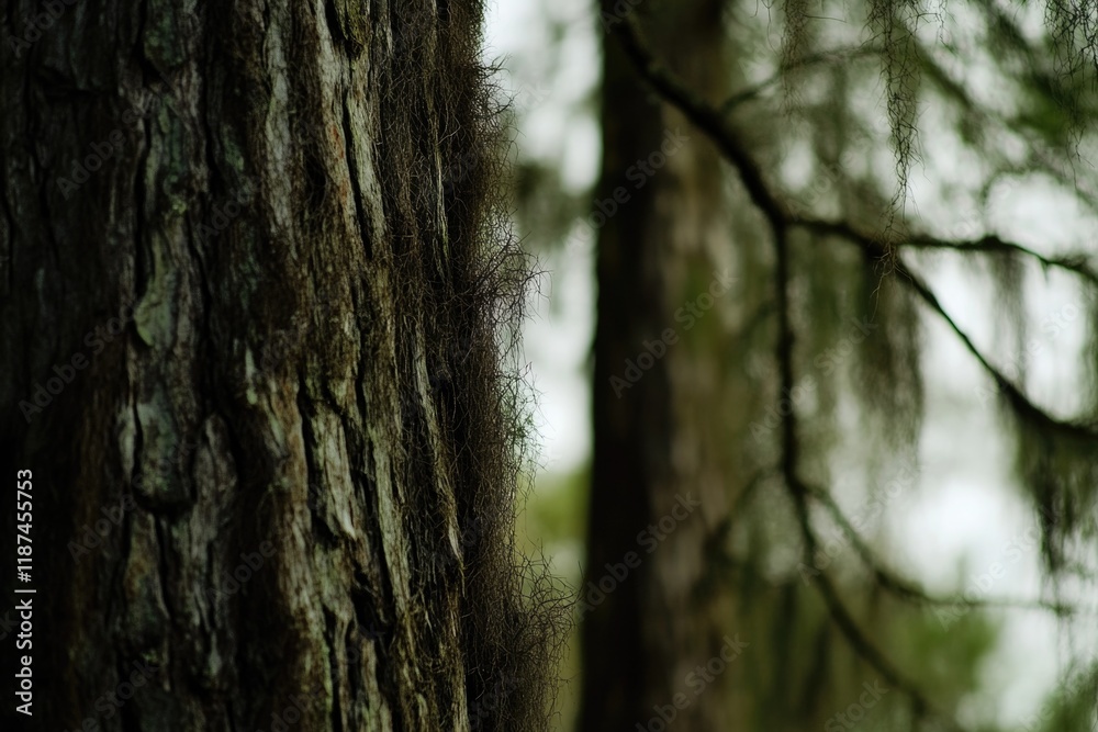 A detailed image of a tree trunk covered in moss, ideal for use in nature or environmental contexts A detailed image of a tree trunk covered in moss, ideal for use in nature or environmental contexts