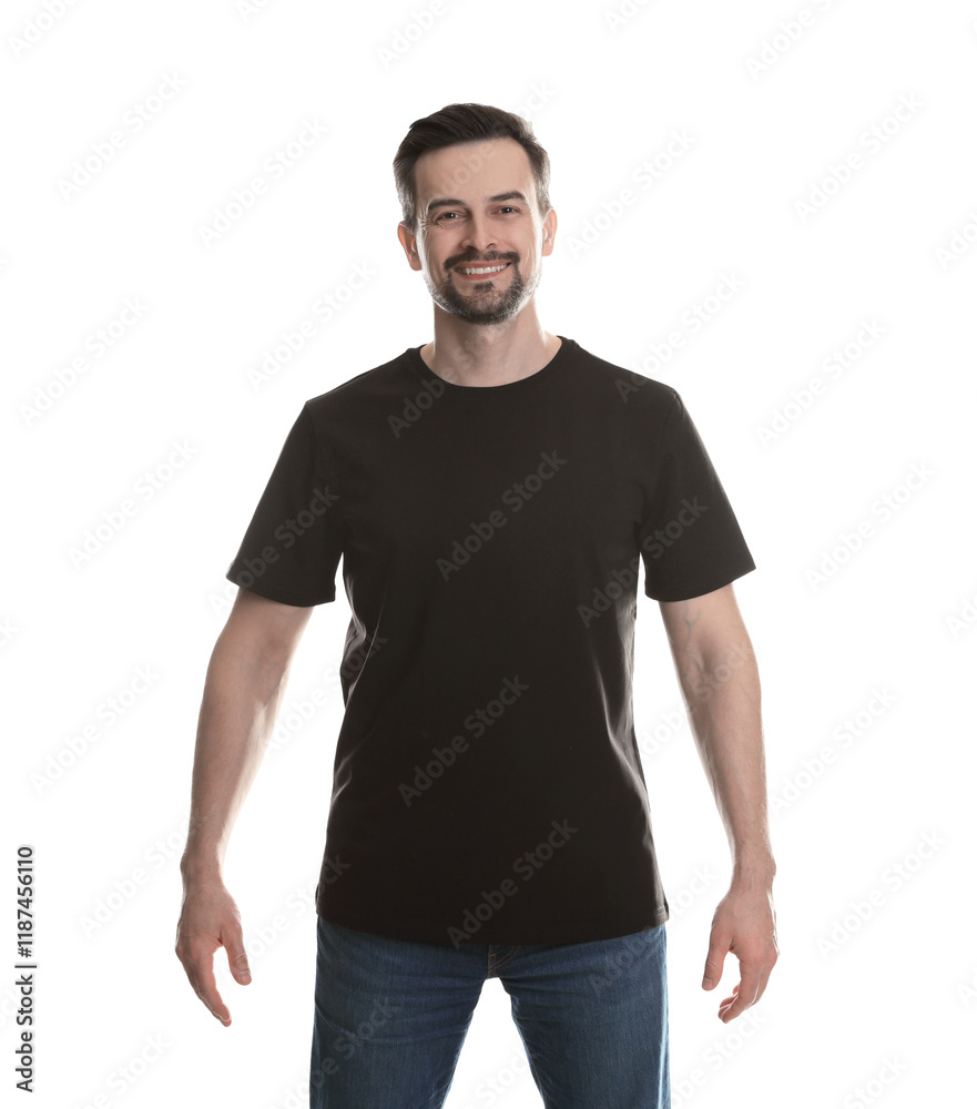 Fototapeta premium Man in blank black t-shirt on white background. Mockup for design