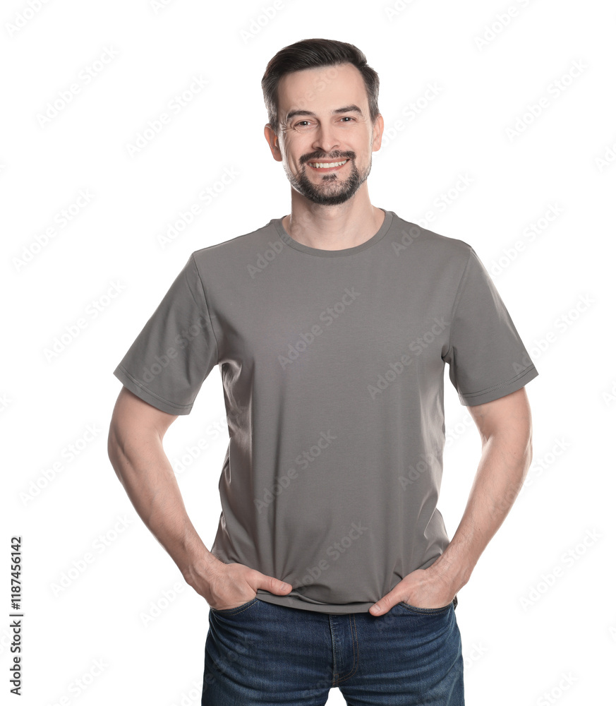 Man in blank grey t-shirt on white background. Mockup for design Man in blank grey t-shirt on white background. Mockup for design