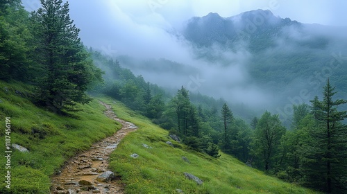 the slope of demerdzhi mountain peeks out from behind the fog photo