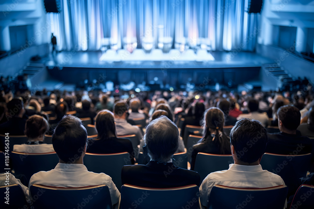 Naklejka premium An audience facing a lit stage suggests focus and importance