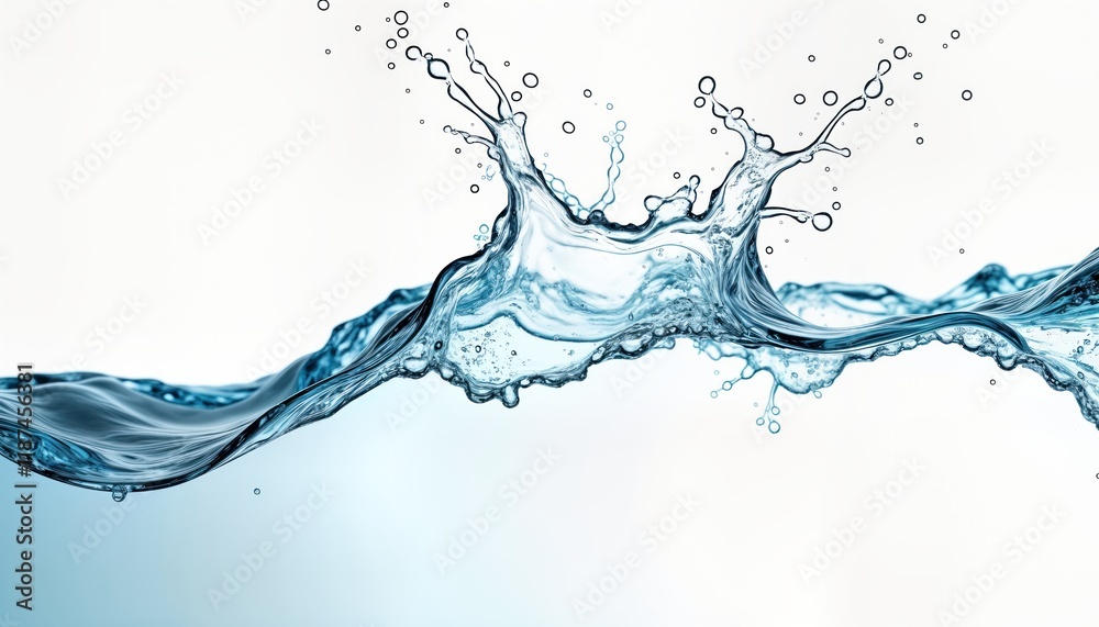 Water splash isolated on white background. Liquid motion, dynamic shape of water. Abstract close-up view. Pure clear water splash. Fresh, clean water flow. Wave, ripple texture. Perfect for Water splash isolated on white background. Liquid motion, dynamic shape of water. Abstract close-up view. Pure clear water splash. Fresh, clean water flow. Wave, ripple texture. Perfect for