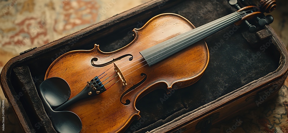 Fototapeta premium Antique violin in its wooden case, resting on a carpet.