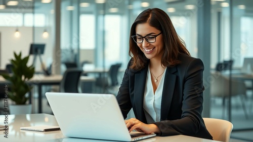 Two professional women collaborating happily over laptop in modern office