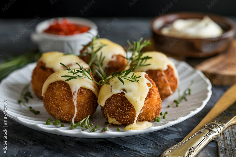 Golden croquettes spill cheese, garnished with herbs, evoking indulgent comfort food Golden croquettes spill cheese, garnished with herbs, evoking indulgent comfort food