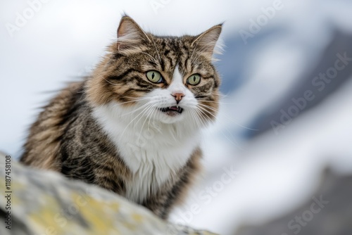 A domestic cat perched atop a rocky outcropping