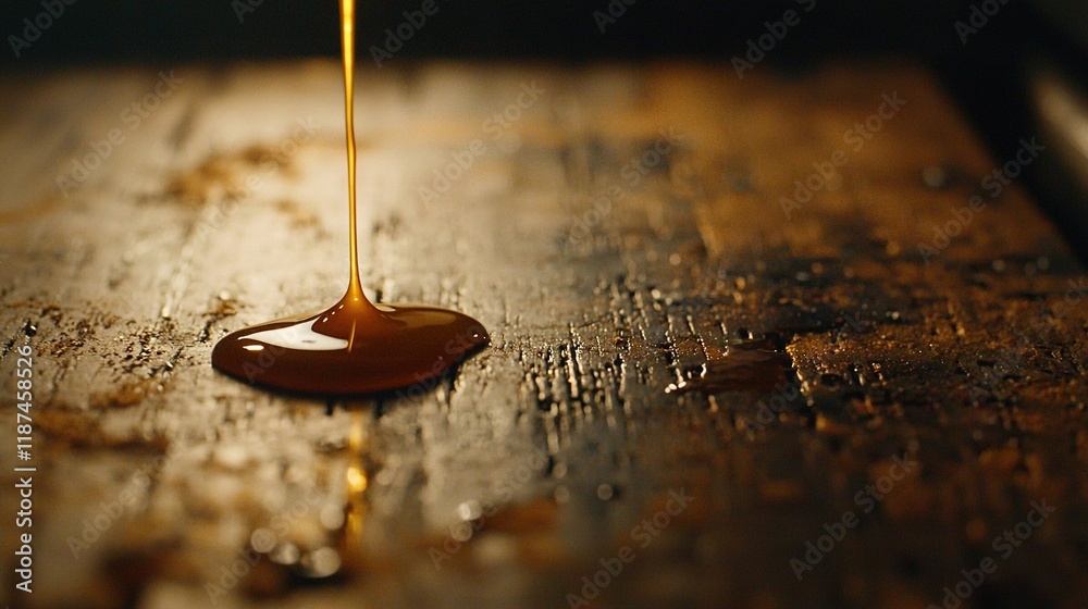 Caramel syrup on wood table with spoons in fg & bg Caramel syrup on wood table with spoons in fg & bg
