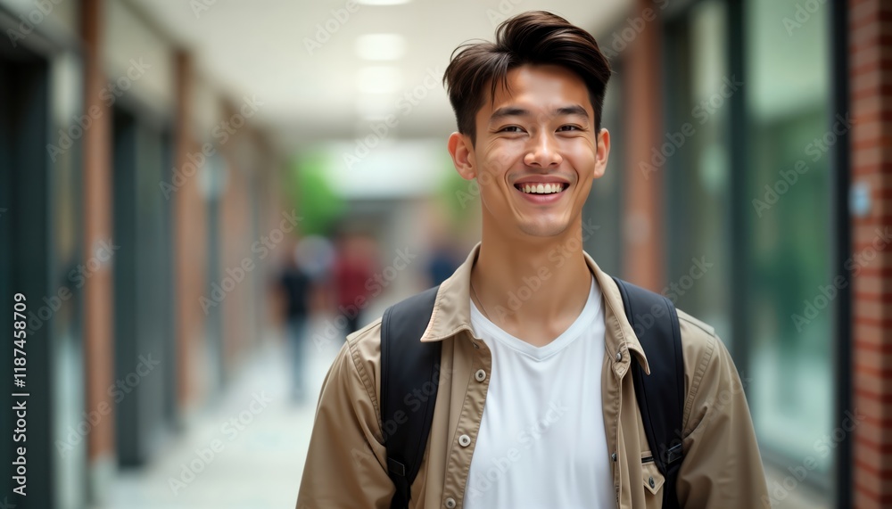 Fototapeta premium Young male student smiles confidently on campus. Wears casual outfit, backpack. Looks happy, successful. Photo captures success, achievement in education. Setting suggests university college