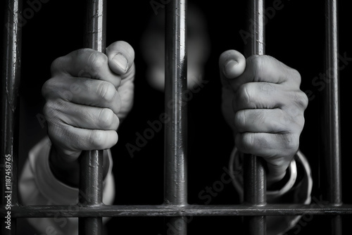 Hands gripping bars symbolize confinement, longing, or hope in black and white