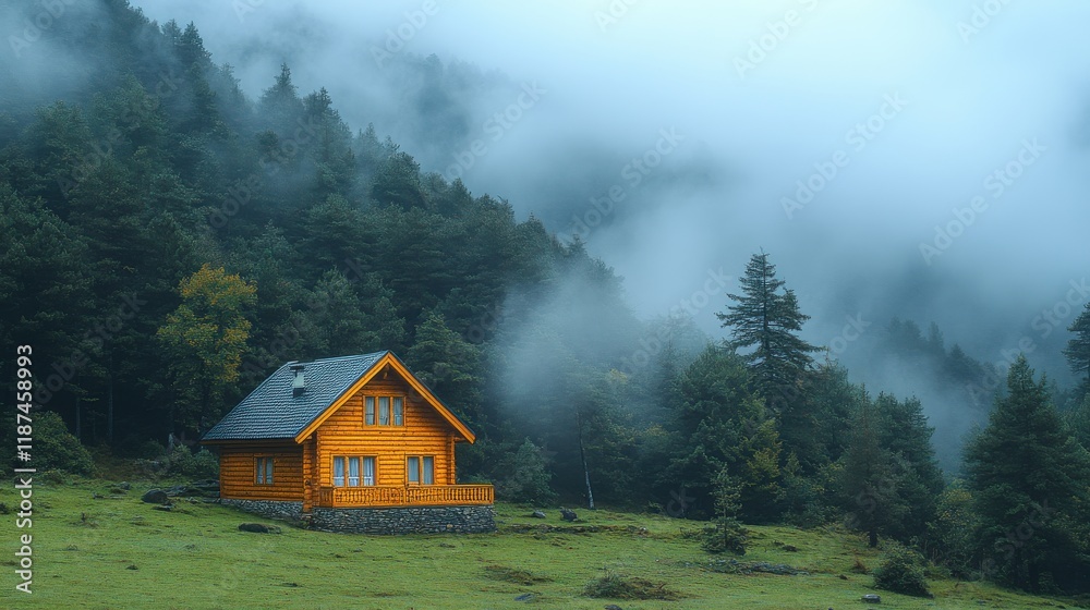 view of wooden house at high plateau trees in fog creating beautiful nature scene the image is captured in trabzon rize area of black sea region located at northeast of turkey view of wooden house at high plateau trees in fog creating beautiful nature scene the image is captured in trabzon rize area of black sea region located at northeast of turkey