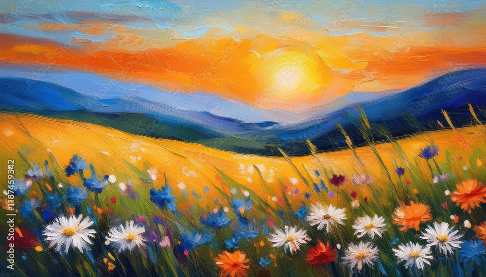 Fototapeta premium Vibrant Field of Wildflowers Dandelion, Cornflower, and Daisy Blossoms Dance in a Picturesque Meadow under a Bright Sky