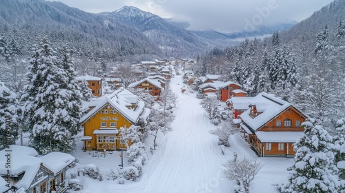 village between the mountains next to sapporo in hokkaido japan snow in and around the village and mountains which are covered in trees