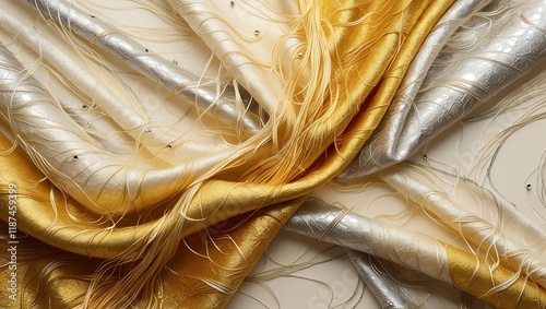 Gold silk folded fabric background, luxurious textile decoration backdrop for poster, banner or cover design. Golden drapery material with soft satin waves