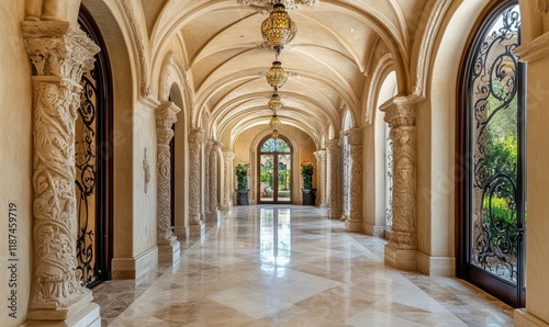 Arched hallway with intricate stone carvings and ornate details, elegant curves, natural light, parabolic arches