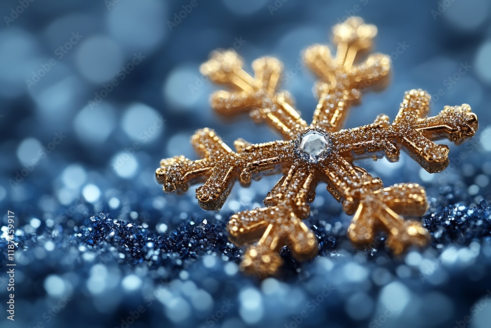 Glittering Gold Snowflake on Blue Sparkle Background Glittering Gold Snowflake on Blue Sparkle Background