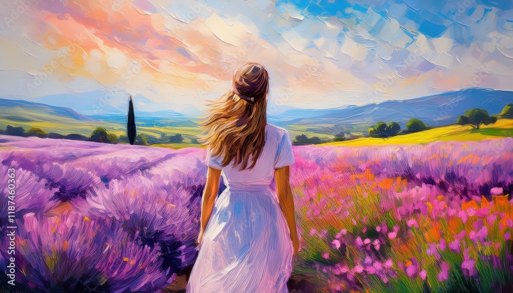 Enchanting Young Lady Amidst a LavenderPink Flower Field French Tuscan Landscape Bathed in Soft Floral Hues Enchanting Young Lady Amidst a LavenderPink Flower Field French Tuscan Landscape Bathed in Soft Floral Hues
