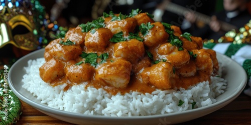 Indulge in Creamy New Orleans Cajun Shrimp Ã‰touffÃ©e Recipe on Fluffy White Rice Perfect for Mardi Gras Celebration with Vibrant Beads and Iconic Masquerade Mask Decor photo