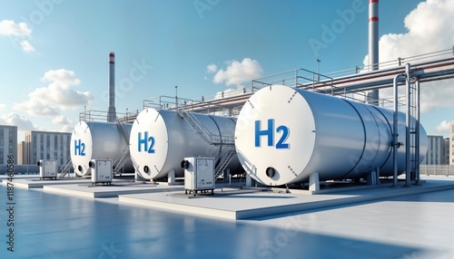 Modern hydrogen electrolysis equipment in industrial area. Tanks for hydrogen storage situated on rooftop. City power supply system uses renewable energy sources. Hydrogen energy storage system part