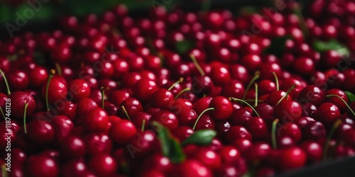 A close-up view of freshly picked cherries, showcasing their rich red color and glistening texture, highlighting the abundance of nature's sweet offerings.