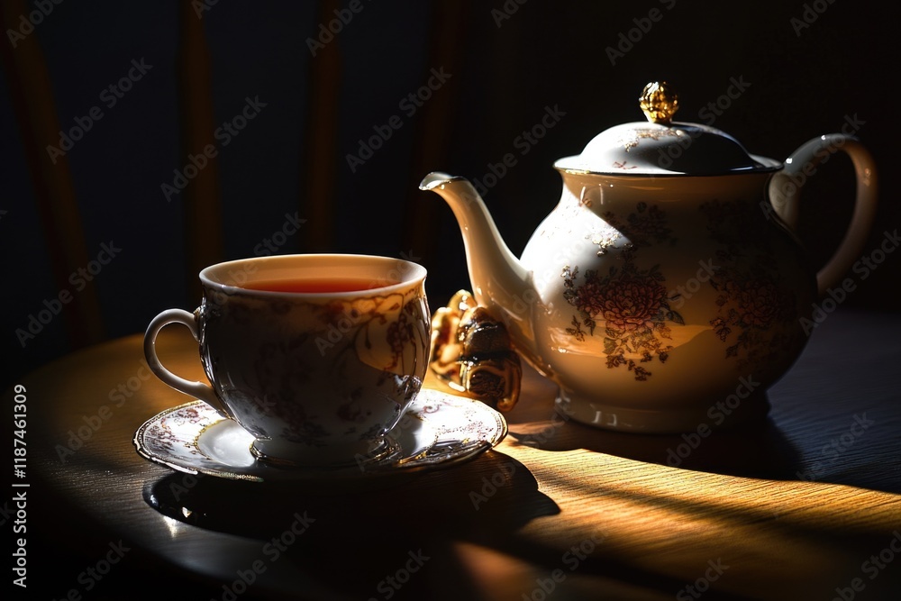 A tea pot and cup setting on a table, perfect for still life or kitchen scenes A tea pot and cup setting on a table, perfect for still life or kitchen scenes