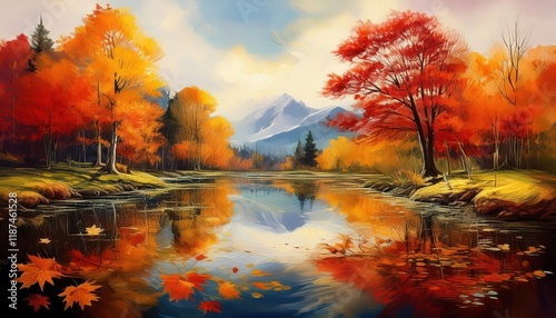 Vibrant Autumn Landscape Reflections on a Tranquil Waterway Amidst Glowing Fall Foliage, Capturing the Essence of an Enchanting Season