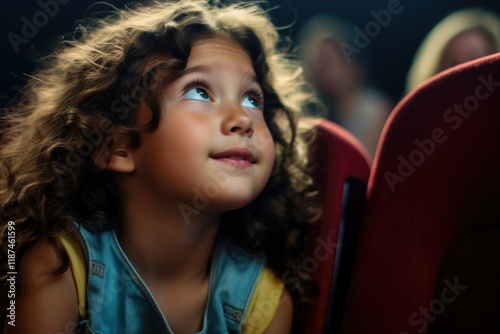 Authentic movie experience in Theater with Candid Mixed Race girl leaning on Chair