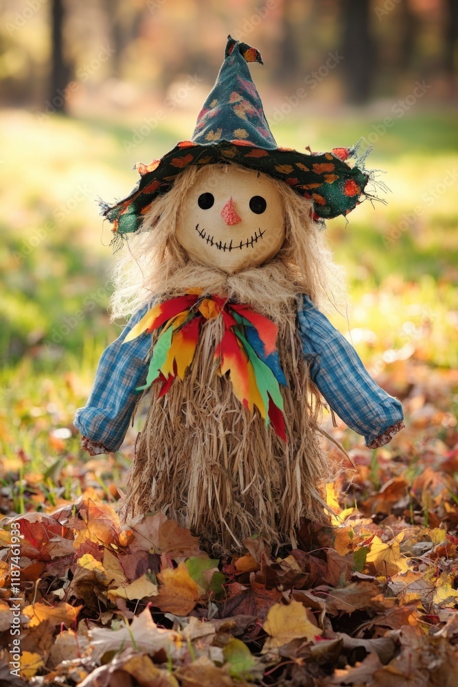 A creepy scare doll sits amidst fallen leaves in a field A creepy scare doll sits amidst fallen leaves in a field