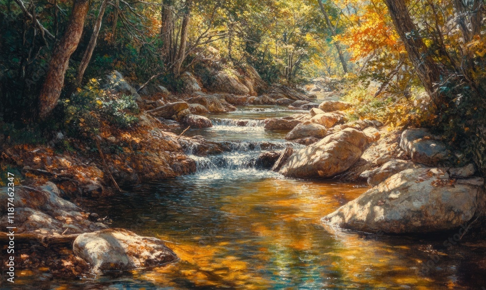 A winding stream flows over rounded rocks and beneath fallen branches, its clear waters reflecting the vibrant colors of the surrounding foliage , sunlight, tree A winding stream flows over rounded rocks and beneath fallen branches, its clear waters reflecting the vibrant colors of the surrounding foliage , sunlight, tree
