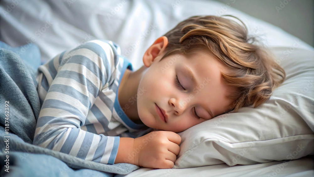 Young Child Sleeping Peacefully in a Comfortable Bed, Promoting Healthy Sleep Habits and Restful Nights Young Child Sleeping Peacefully in a Comfortable Bed, Promoting Healthy Sleep Habits and Restful Nights