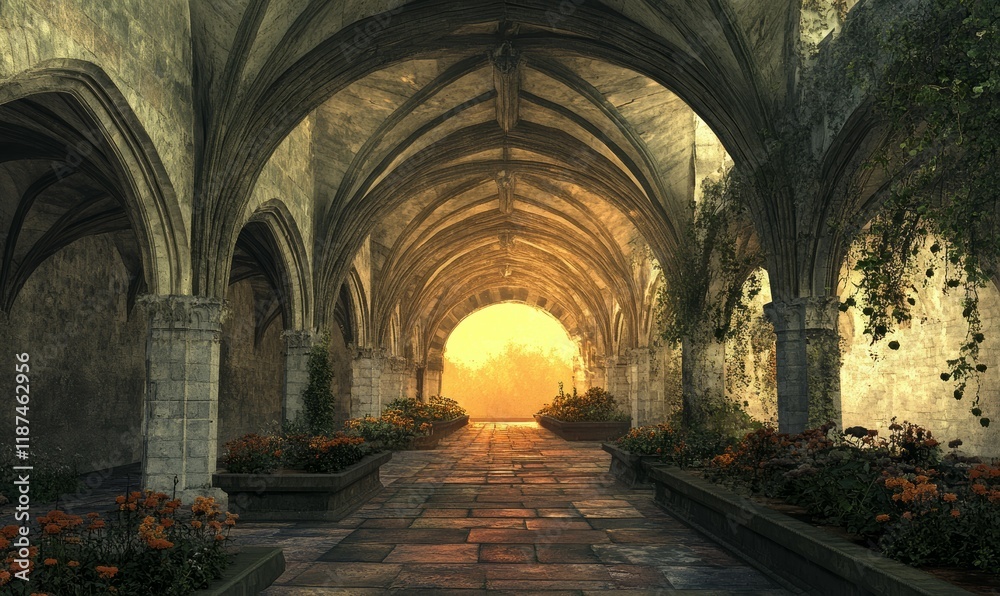 Obraz premium Cloister's vaulted ceiling glows with sunrise illumination , Gothic, vaulted ceiling