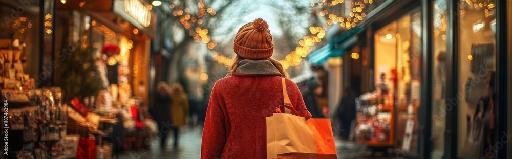 Fototapeta premium Woman in red jacket and warm hat walking through a festive illuminated city street during the winter holiday season Retail store displays and Christmas lights create a cozy atmospheric scene