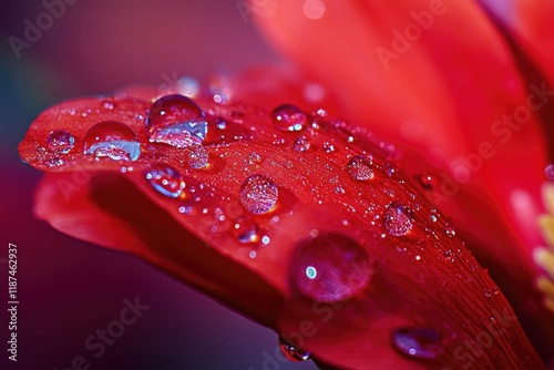 A close-up of a red flower with water droplets glistening on its petals