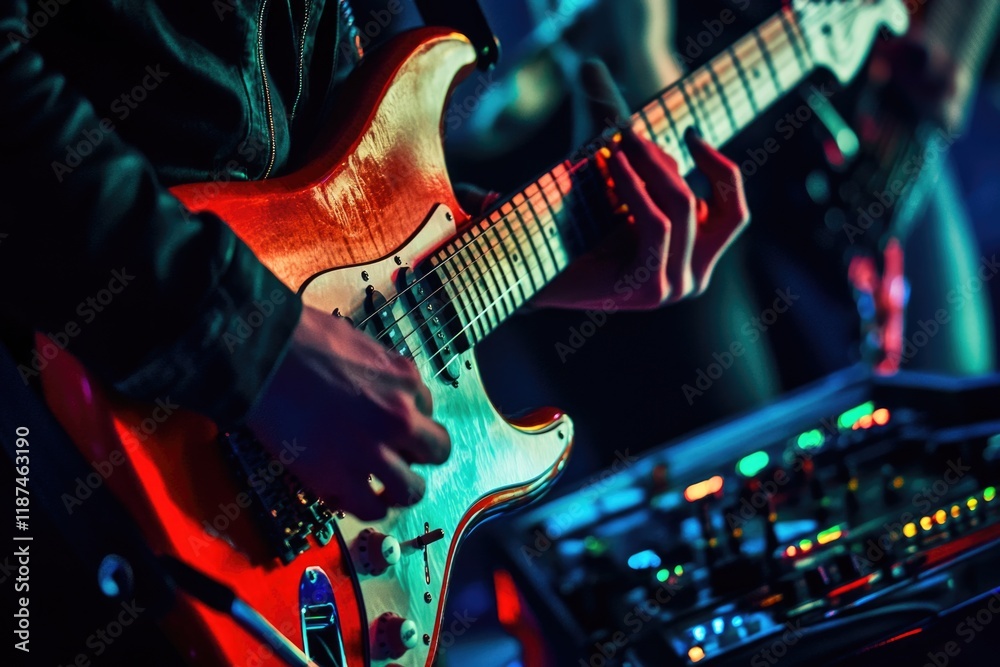 Obraz premium A close-up shot of a person holding and playing a guitar, focusing on the musician's hands and instrument