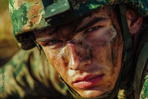 A close-up image of a person wearing a helmet, suitable for use in various contexts such as sports or construction themes photo