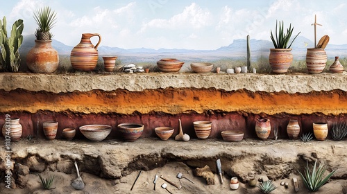 Stratigraphy layers visualized pottery tools and cultural remnants showing the gradual evolution of human society through preserved archaeological records photo