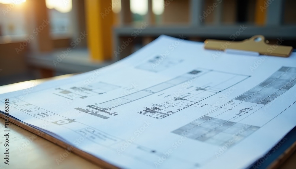 Close-up of technical drawings on clipboard at construction site , scale, data Close-up of technical drawings on clipboard at construction site , scale, data