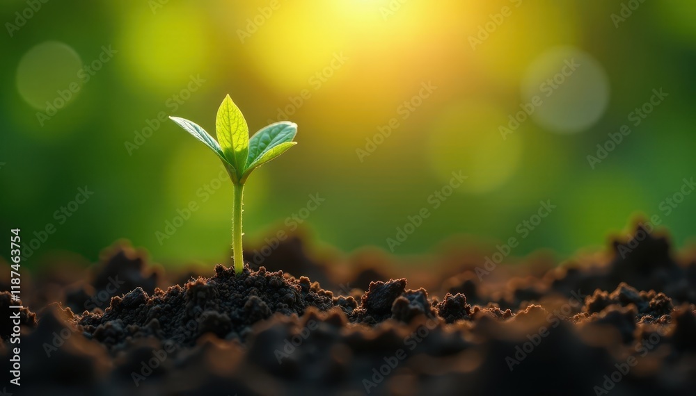 Tiny green sprout emerges from rich soil, sunlight glistens , development, photography Tiny green sprout emerges from rich soil, sunlight glistens , development, photography
