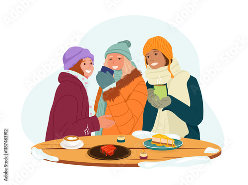 winter_16Three girlfriends drinking coffee, eating dessert and chatting outside in a cafe on a winter day, in snowy weather.