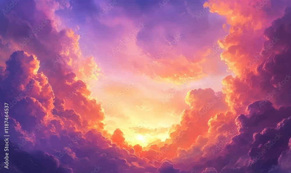 Fototapeta premium Clouds are painted with warm colors of orange, pink, and purple as the sun dips below the horizon, beautiful view, natural beauty , cloud painting