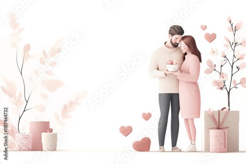 A couple, cheerful, cartoon style, illustration, valentine's day theme, 