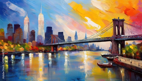 Striking Oil Painting of New York City Skyline with River and Bridge at Dusk, Capturing the Vibrant Hues and Textures of a Metropolitan Metropolis